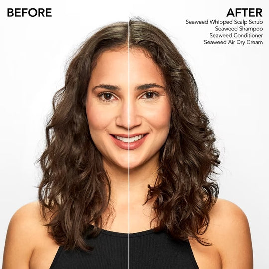 before and after image of a women showing difference after using scalp scrub